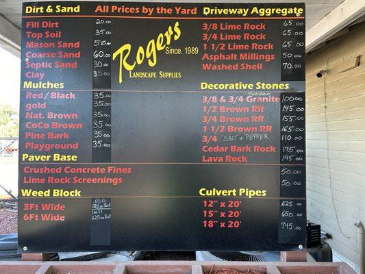 Rogers Landscape Supplies 2024 current pricing