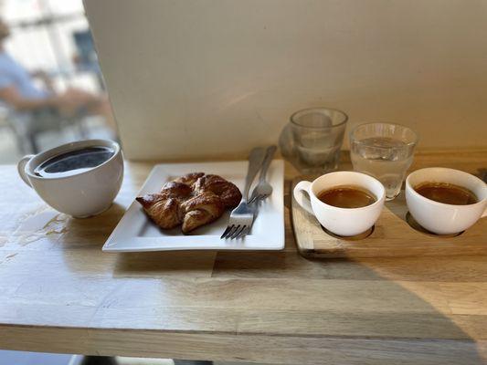 Pour over, strawberry cream cheese pinwheel, coffee flight (the small glasses in the back- almond milk and sparking water)