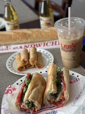 1. Combination Sandwich on 10" Baguette, Egg Rolls, Baguette, Ice Coffee