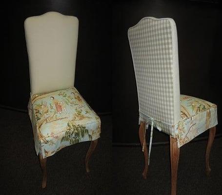 Dining Chairs (8 qty) Re-upholstered in 100% silk check (back), 100% linen (front back rest & seat), and a removable seat sleeve