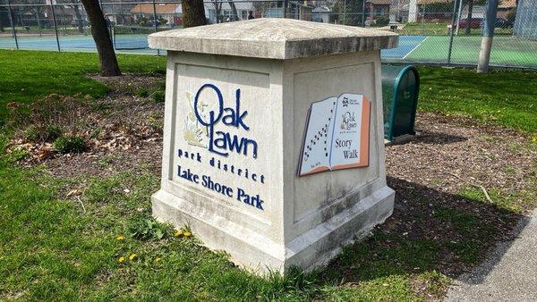 Park marker.  Cute little story path to read as you walk along.