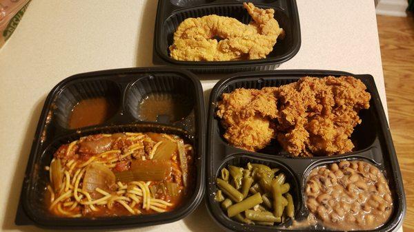 Chicken or Fish,? I couldn't decide!   Fried Chicken (Individual Pieces) Southern Fried Catfish  Spaghetti Enrico Green Beans Blackeyed Peas