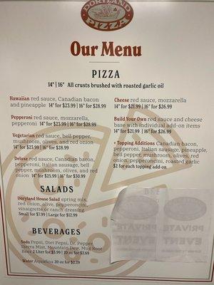 Menu of the pizza