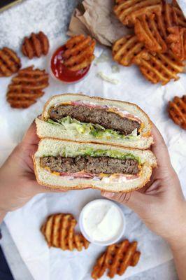 Angus burger with waffle fries