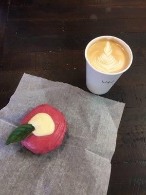 Blackberry lemon mousse doughnut and vanilla latte