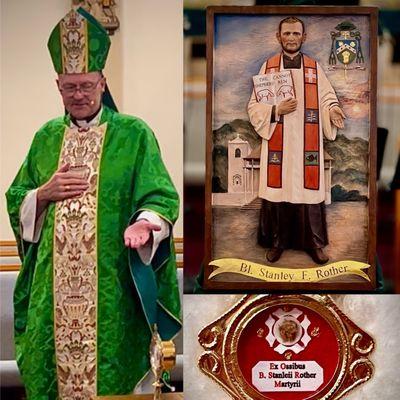 Bishop Dan Mueggenborg shows the 1st class relic of Blessed Stanley Rother, who's martyrdom influenced him to become a priest.