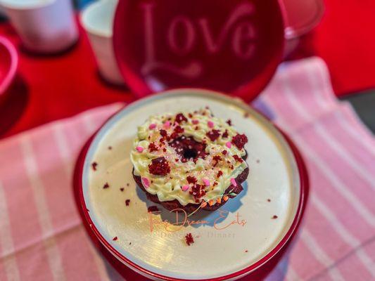 Red velvet bundt cake with lemony cream cheese frosting