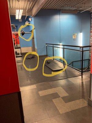 This is the clutter outside the elevator in Blink Fitnesses. The top pic is the weight that the member hit me with