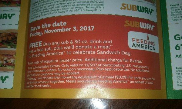 A free sub on November 3, 2017, AND a meal donated to Feeding America!