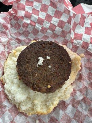 Sausage biscuit to show size of patty versus the size of the bread.