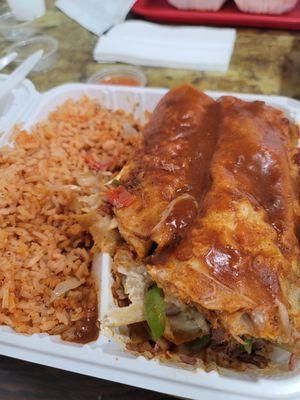 Wet burrito, served as a 'to go', not on a plate, can't cut the food