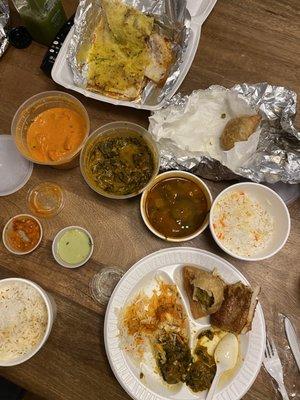 Samosas, Chicken Tikka Masala and Lamb Spinach Curry