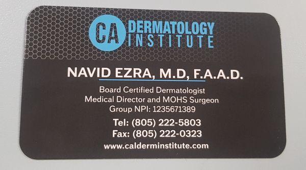 Business card of  Dr. Navid Ezra, MD, FAAD