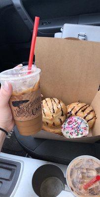 Dairy free iced chocolate/caramel latte w/ coconut milk accompanied by some vegan chocolate croissants & vegan chocolate cupcake