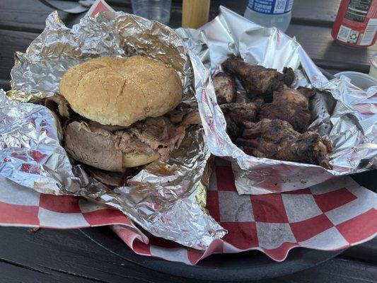 Pit Beef sandwich and BBQ wings