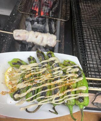 Grilled Shishitto pepper skewers w/ yuzu tahini dressing