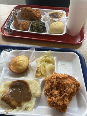 Fried () Chicken Dinner Cabbage Turnips Mashed potatoes Corn bread