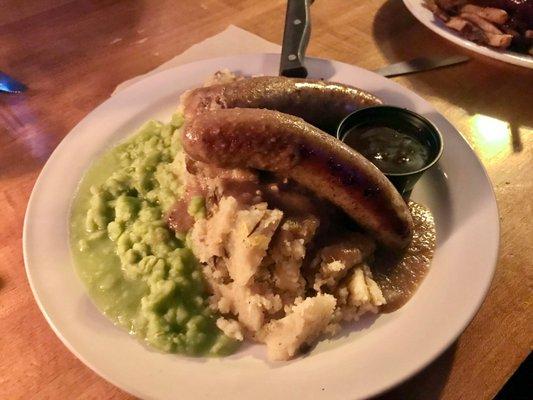 Bangers and Mash with yummy peas (even if they didn't look that way, haha)