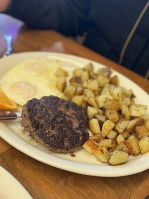 Hamburger, steak with home fries