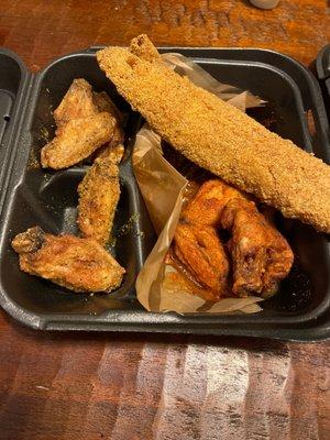 Fried whiting fish , lemon chicken wings, Buffalo hot wings