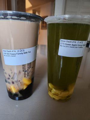 QQ Happy Family Milk Tea and Green Apple Honey Green Tea.