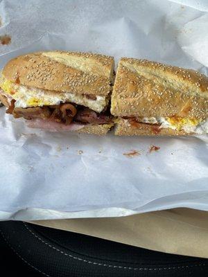 Hungry Man- Bacon, Ham, Sausage, Egg and Cheese on a Hero.