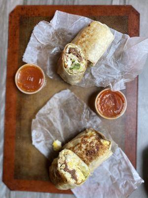 Breakfast burritos, one vegetarian and one with bacon. Delicious!