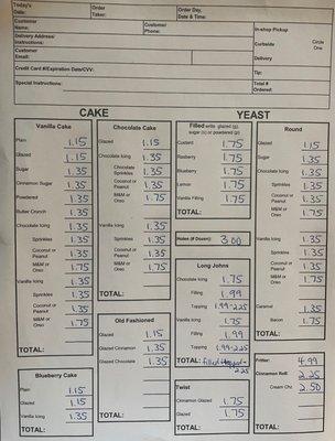 Menu with pricing.