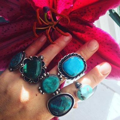 A selection of Navajo turquoise rings.