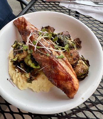 Grilled Salmon, Whipped Potatoes, Balsamic Brussels Sprouts, Brown Butter