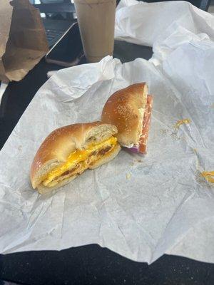 Chorizo bagel on plain and lox & bagel on plain