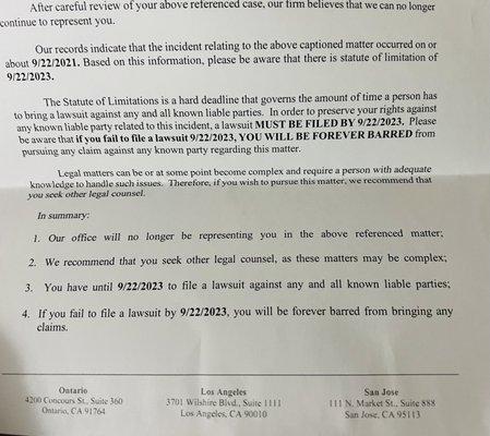 Letter stating I no longer have representation from Windsor Troy Law firm.