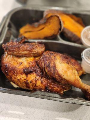 Half Wood-fired chicken and double sweet potato for the side