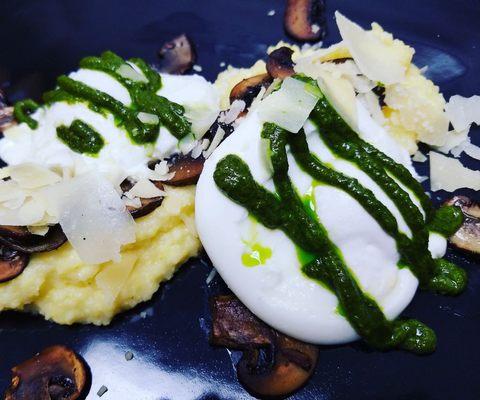 Tuscan Polenta with Roasted Mushrooms, House Pesto, and Shaved Parmesan