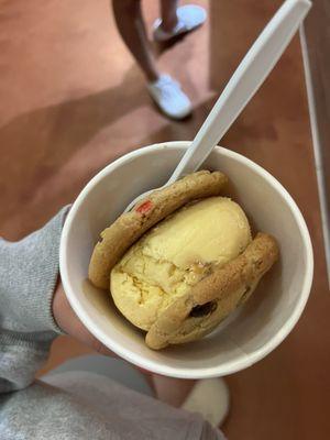 One scoop of salted caramel ice cream with M&M cookies