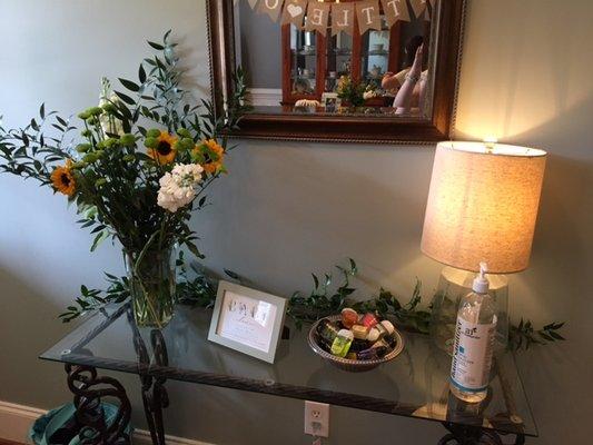 Arrangement I made and greenery on the entryway table