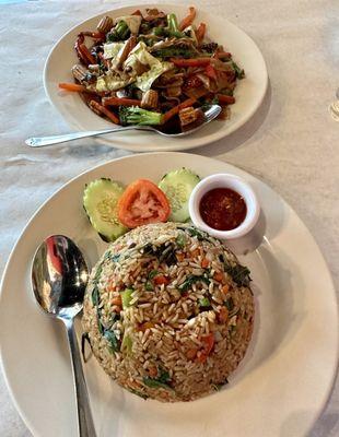 Pad Kee Mao (Drunken Noodle) on top, Basil Fried Rice at the bottom