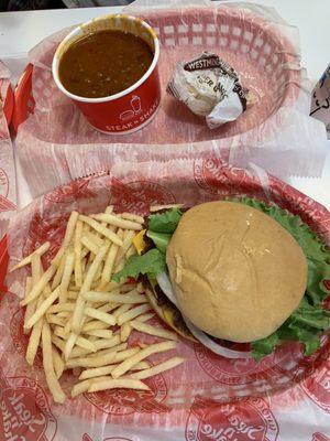 Cup of Chili and Double Steakburger Double Cheese