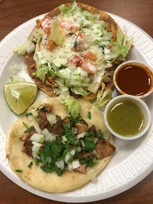 Pork taco in front and chicken tostada in back