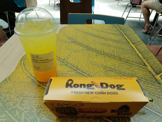 Potato Kong Dog (plant-based sausage filling), and a Mango Lemonade (Strawberry Popping Boba)