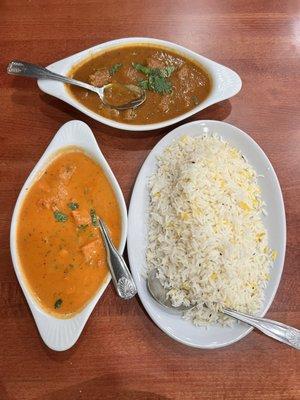 Chicken Tikka Masala - Left, Lamb Curry - Top and Rice