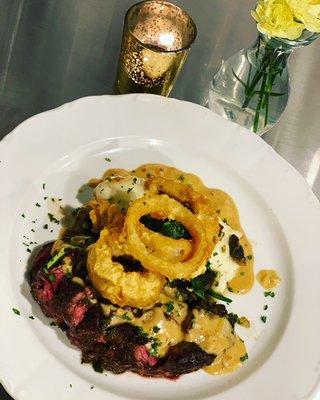 Hanger Steak with Garlic Mashed Potato, Wild Mushrooms & Spinach