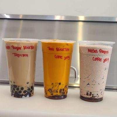 Brown Sugar Milk Tea withTapioca 
Thai Milk Tea with Coffee Jelly
Mocha Frappe with Coffee Jelly