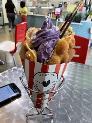 Custard filled waffle with taro soft serve