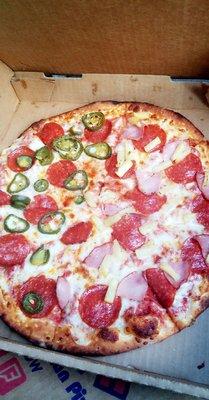 Half pepperoni and jalapeno and other half ham and pineapple