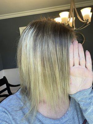 inconsistent blonde application. It's not blended nicely; I can't make out a pattern.