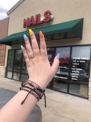 Colorful nail set with slender almond shape