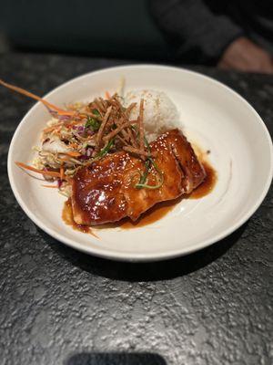 Teriyaki Salmon with jasmine rice and cabbage salad