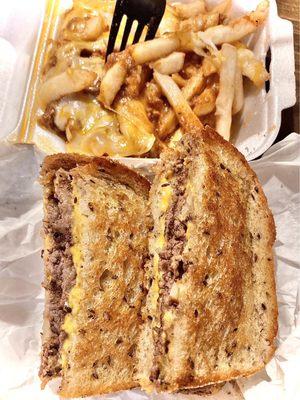 Delicious Patty-melt on grilled rye & best chili-cheese fries ever, so good.