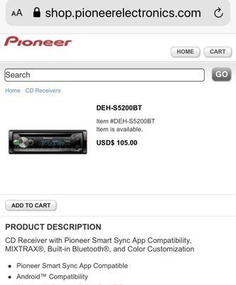 Retail price of a Pioneer DEH-S5200BT on the Pioneer website.